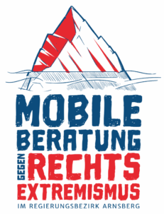 Illustration eines Eisbergs im Wasser, dessen oberer sichtbarer Teil rot eingefärbt ist. Darunter in großer blauer und roter Schrift die Aufschrift: „Mobile Beratung gegen Rechtsextremismus im Regierungsbezirk Arnsberg“. Das Wort „GEGEN“ steht senkrecht links neben „RECHTS EXTREMISMUS“.