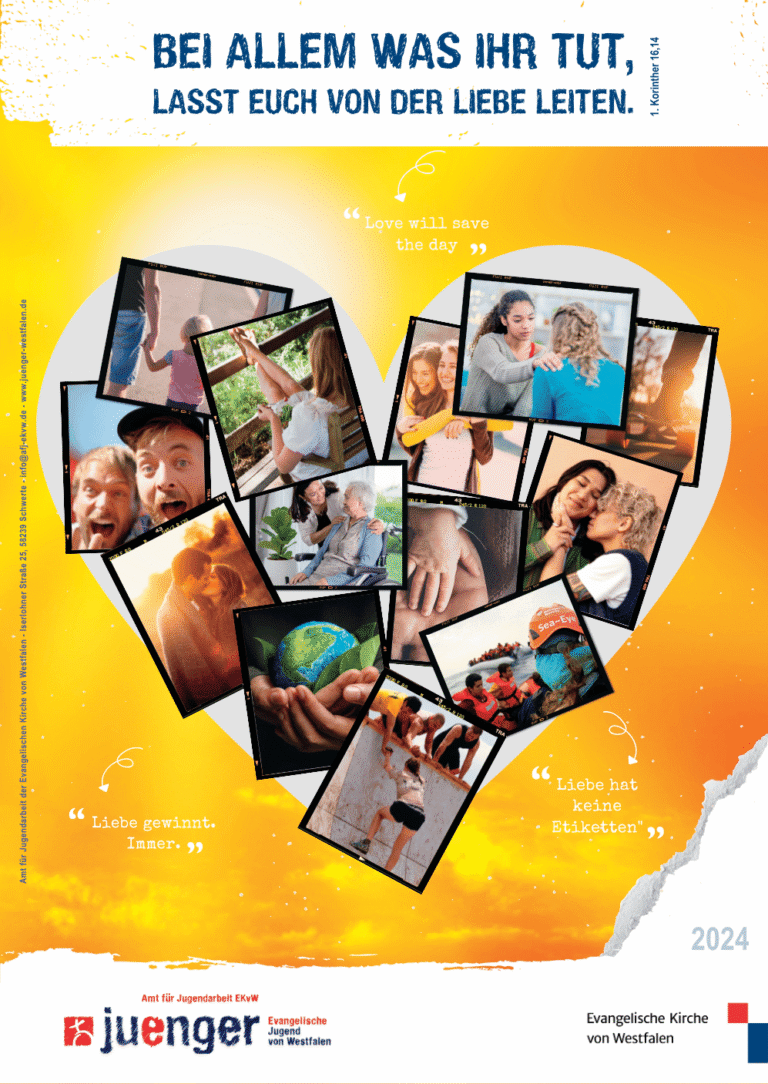 Das Jahresplakat 2024 von Juenger. Auf gelbem Hintergrund ist eine Collage von Bildern, die wie ein Herz strukturiert sind.