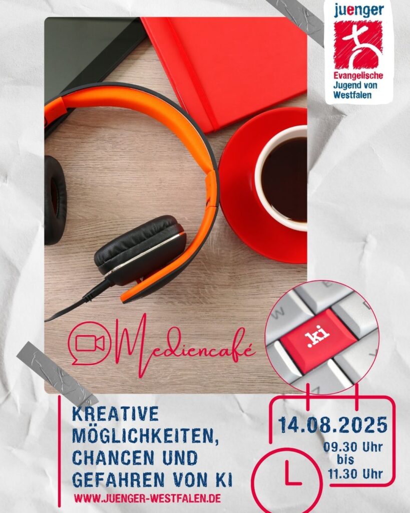 Das Bild wirbt für das Mediencafé, organisiert von juenger, und zeigt ein Bild von einem paar Kopfhörer, Tasse und Dokumenten. Es ist mit Klebeband befestigt und das Datum "14.08.2025, 09:30 Uhr bis 11:30 Uhr" ist unten beschrieben. Der Schriftzug "Kreative Möglichkeiten, Chancen und Gefahren von KI" steht daneben.