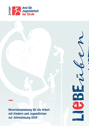 Illustration zur Jahreslosung 2024: Menschen rund um ein großes Herzsymbol, inklusiv dargestellt, im Stil von juenger.