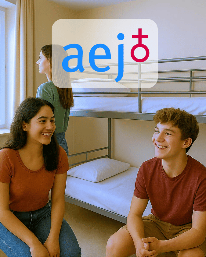 Ein KI generiertes Bild von Jugendlichen die lächelnd in einer Jugendstätte sitzen. Darüber ist das Logo der AEJ.