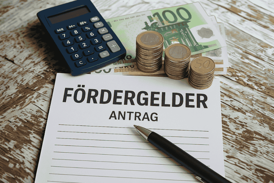 Antragsformular für Fördergelder mit Kugelschreiber, Taschenrechner, Euromünzen und Geldscheinen auf Holztisch.