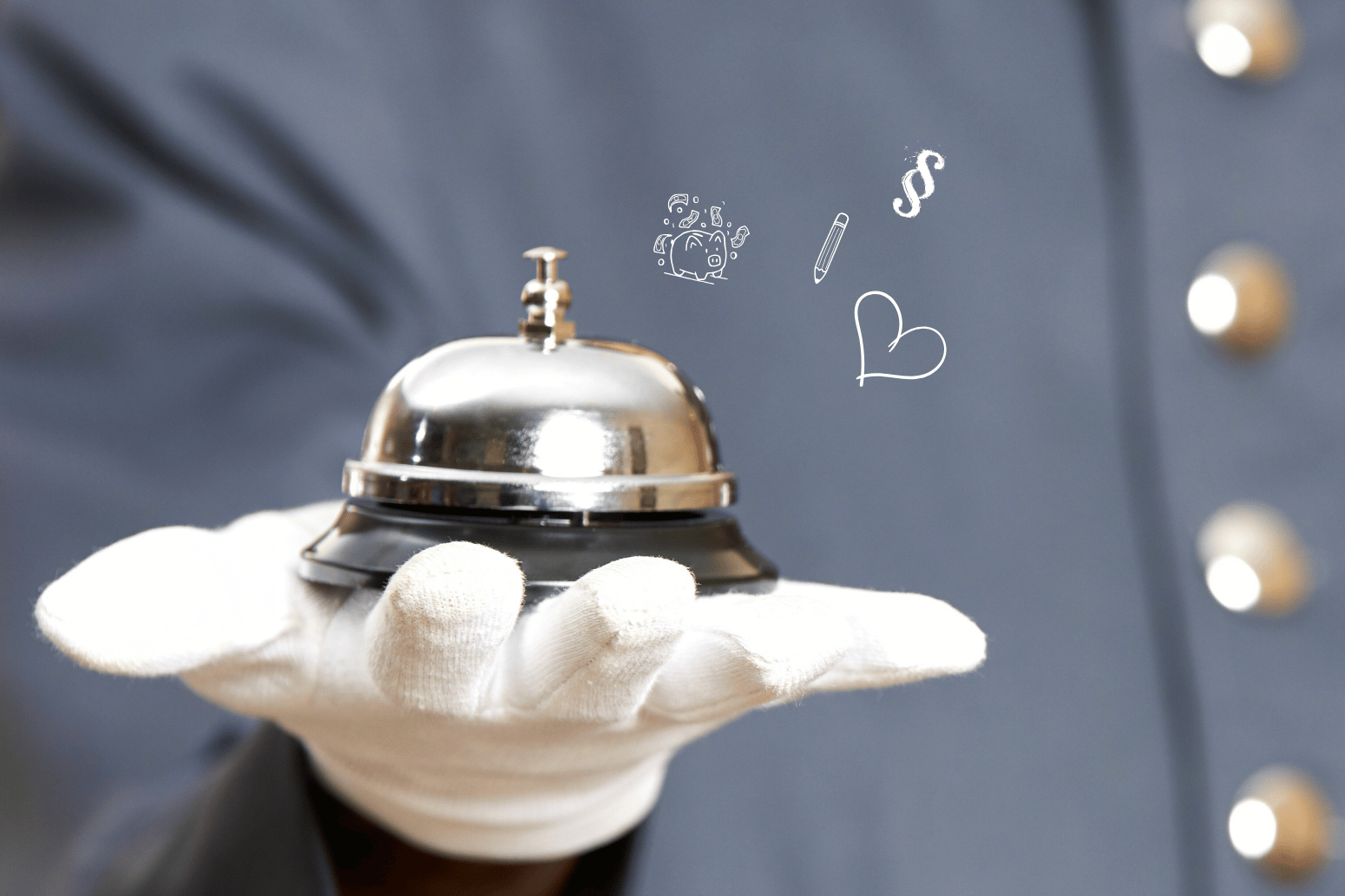 Gloved Hand hält Hotelklingel; Symbole für Herz, Gesetz, Wecker und Stift schweben daneben.
