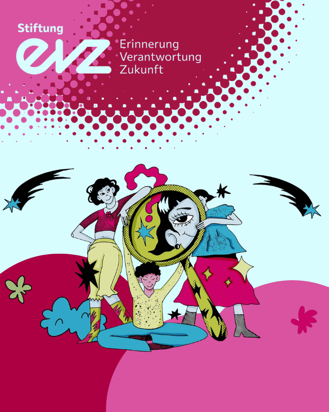 Eine Grafik von stilistisch gemalten Jugendlichen mit knalligen Blau und Rottönen. Oben links ist das Logo der Stiftung EVZ.