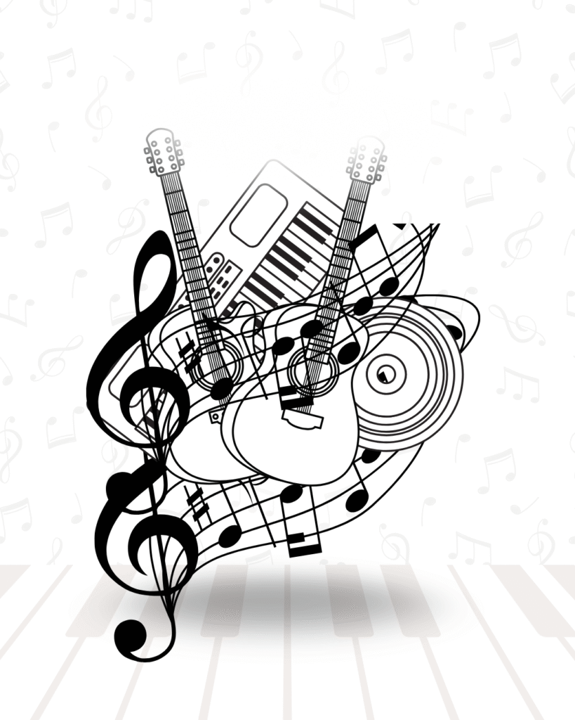 Schwarz-weiße Illustration mit zwei Akustikgitarren, einem Keyboard, einer Schallplatte und vielen Notenlinien. Im Vordergrund ist ein großes Notenschlüssel-Symbol zu sehen, im Hintergrund angedeutete Klaviertasten und schwebende Noten