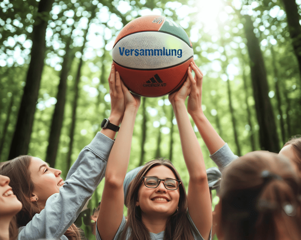 Gruppe junger Menschen hebt gemeinsam einen Basketball mit der Aufschrift „Versammlung“ in die Luft.