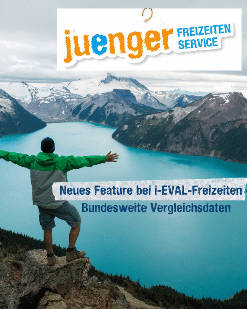Person steht mit ausgebreiteten Armen auf einem Felsen und blickt auf einen türkisfarbenen See, umgeben von schneebedeckten Bergen. Darüber das Logo „juenger FREIZEITEN SERVICE“ und der Text „Neues Feature bei i-EVAL-Freizeiten – Bundesweite Vergleichsdaten"