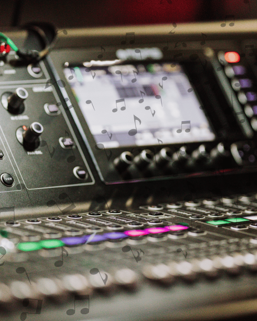 Nahaufnahme eines professionellen Audio-Mischpults mit beleuchteten Reglern und Display im Hintergrund