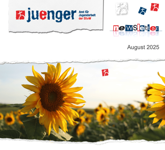 Titelgrafik des juenger-Newsletters August 2025 mit Sonnenblumenfeld und juenger-Logo.
