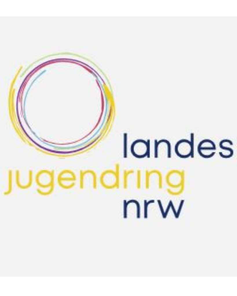 Logo des Landesjugendrings NRW: Ein Kreis aus bunten Linien in Gelb, Blau, Pink und Rot, daneben der Schriftzug ‚landes jugendring nrw‘ in blauer und gelber Schrift