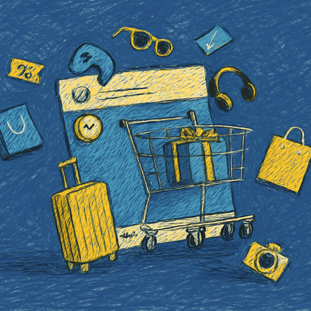 Online-Shopping-Illustration mit Warenkorb, Geschenken und Reisegepäck.