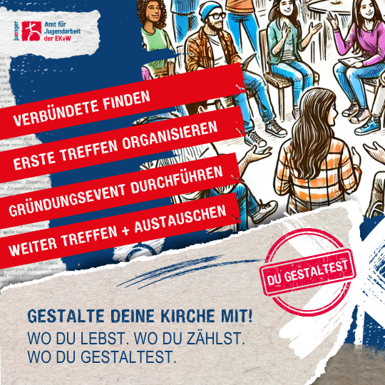 Illustration von Jugendlichen im Stuhlkreis, Text: Gestalte deine Kirche mit, Schritte zur Gründung einer Jugendvertretung.